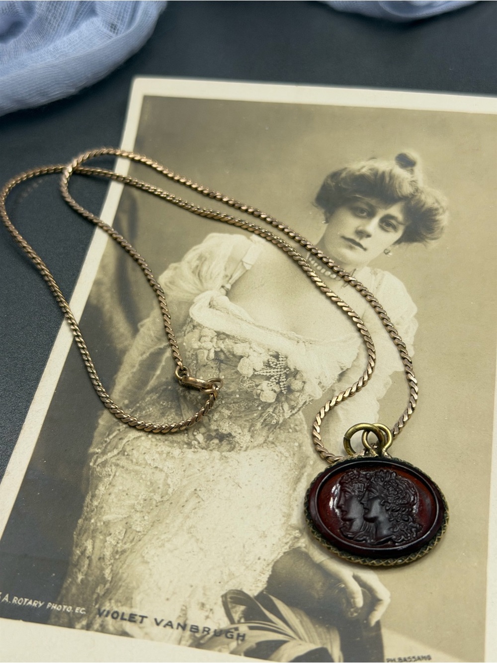 Antique Portrait Art Glass Pendant Rolled Gold Chain #17UN